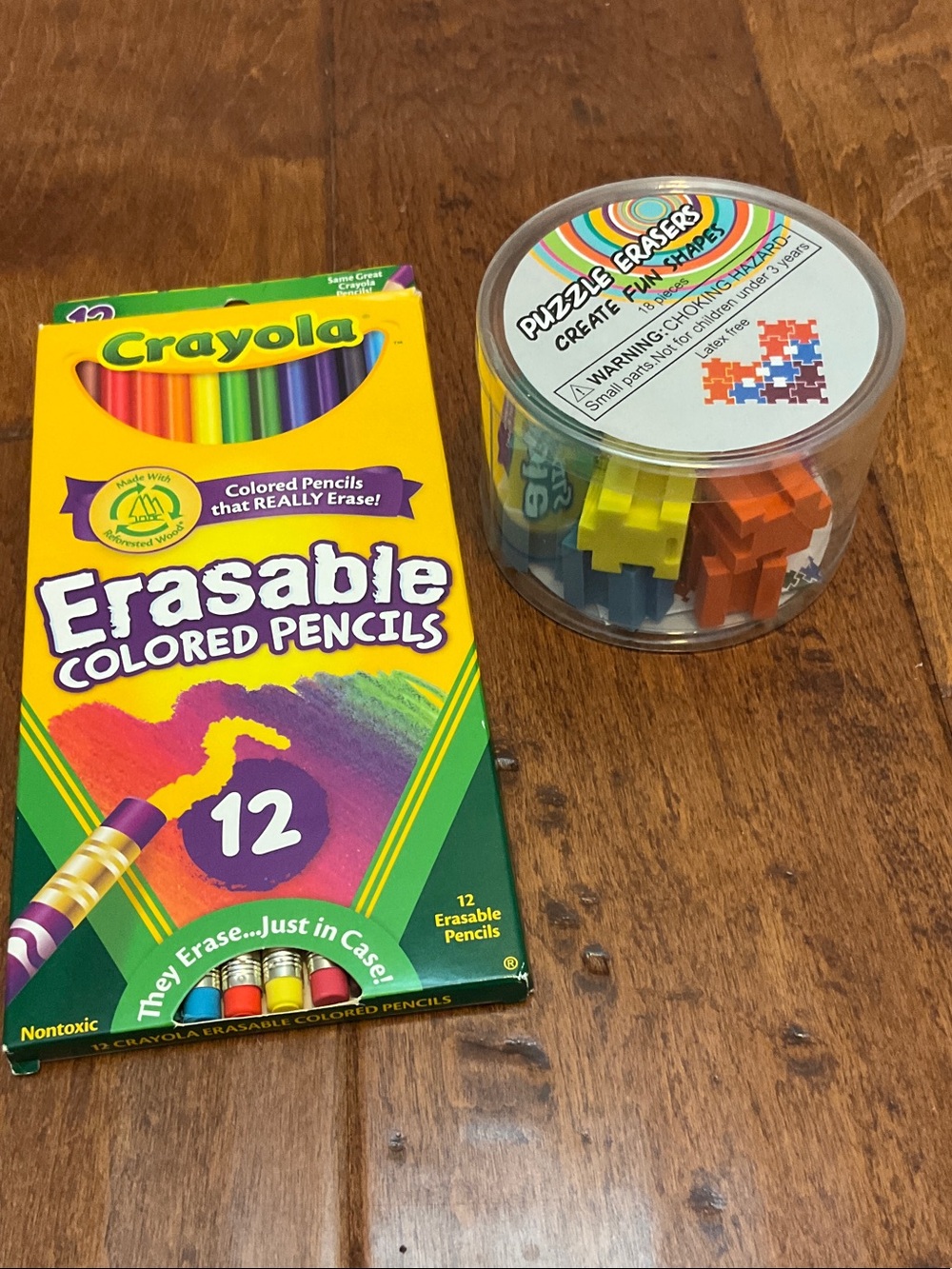 Puzzle erasers box + Crayola colored pencils
